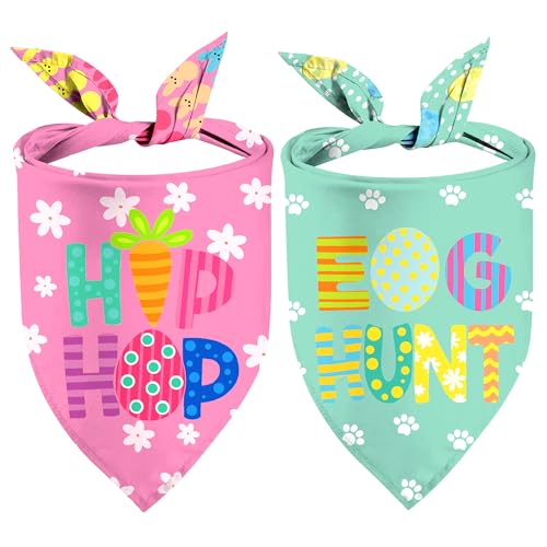 Easter Dog Bandanas 2 Pack, Hip Hop Egg Hunt Dasiy Paws Dog Scarfs for Boy and Girl, Pet Scarves for Easter Day Holiday Neckerchief Bulk for Medium Small Dogs