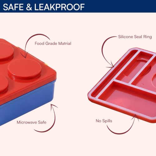 Image of House of Quirk 'NomNom' 1800ml Building Block Bento Lunch Box with 300ml Bowl, Microwave Safe, 3 Compartments, Spoon, Fork & Knife for School, Office & Picnic (Red /Blue)
