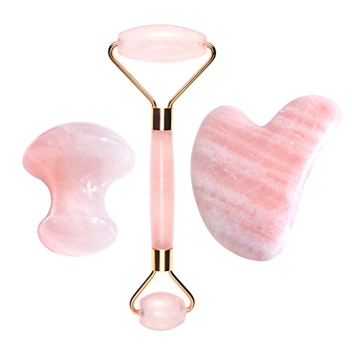 Top Plaza Natural Rose Quartz Face Facial Roller Gua Sha Scraping Tools Set,Crystal Roller Massager Guasha Massage Tools for Face Eye Neck - Anti Wrinkle and Skin Rejuvenate(3 Pcs)