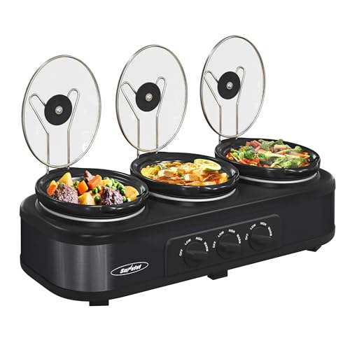 Sunvivi Triple Slow Cooker Buffet Servers and Warmer,3 Pot Food Small Mini Manual Slow Cooker with Adjustable Temp Stainless Steel Lid Rests,Removable Ceramic Pot, 3 * 1.5 Quarts Black