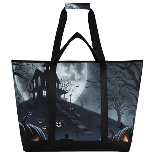 Large Insulated Reusable Tote Bag Halloween Full Moon Pumpkins for Grocery Shopping for Women Men, Cooler Bag with Zippered Top & Handles for Travel Beach Picnic