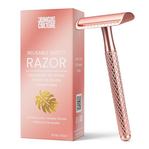 JUNGLE CULTURE Rose Gold Safety Razor for Women Luxurious Eco Friendly Reusable Metal Razors for all Skin Types Double Edge Blades Not Included Body & Face Single Blade Shaver & Shaving Guide