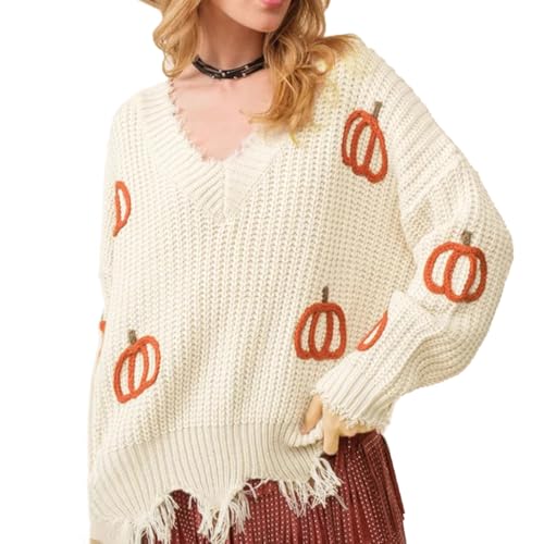 Pumpkin Cable Knit Sweater for Women Raw Hem V Neck Oversized Sweaters Halloween Fall Outfits 2025