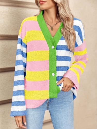 Image of Saodimallsu Womens Striped Cardigan Sweaters V Neck Open Front Button Up Color Block Fuzzy Loose Knit Coats