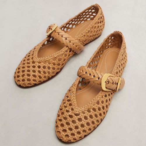 Women's Braided Leather Ballet Flats Cut Out Boho Mary Jane Pumps with Adjustable Buckle Strap Round Toe Casual Work Shoes for Wedding Party Office3