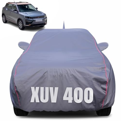 Image of 100% Waterproof Car Body Cover for Mahindra XUV 400 (2023-2025) with Mirror Pocket (Heat & UV Resistant, Triple Stitched, Soft Lining, Bottom Elastic & Piping) Grey