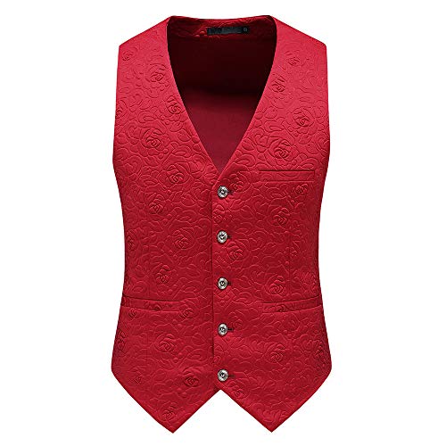 UNINUKOO Mens 3 Piece Suit Jacquard Floral Shawl Lapel Fancy Suits for Men Wedding Party Prom Tuxedo Suit Set US Size 36 Red4