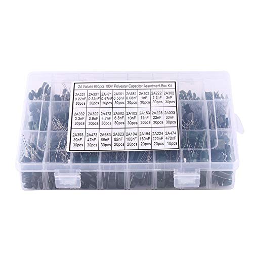 660pcs 24 Values Polyester Film Capacitors Assortment Kit 100V 0.22nF to 470nF with Clear Plastic Box for Radio/TV Sets/Electronic Equipments