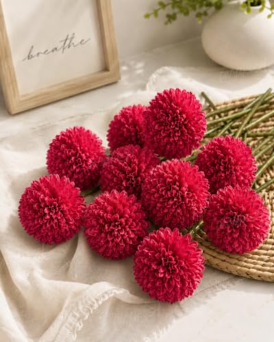 Image of Divyakosh Artificial Hydrangea Flower Sticks for Vase (Vase Not Included), Pack of 6, 3.5 Inch (8.9 cm) Large Bloom, Dark Red Artificial Flowers for Home Decor, Decorative Artificial Dahlia Flowers