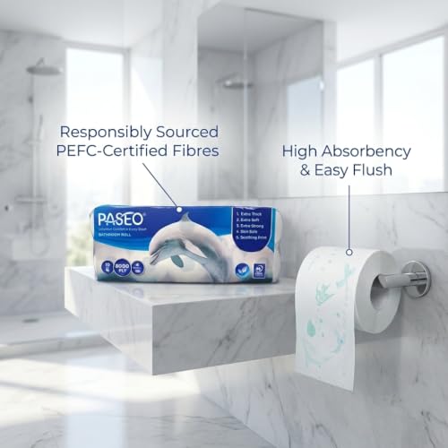 Image of PASEO Dolphin 4-Ply Toilet Tissue Paper Roll | 10 Rolls, 200 Pulls, 800 Sheets each | Ultra Soft, Highly Absorbent & Gentle on Skin | OBA Free | 100% Virgin Paper