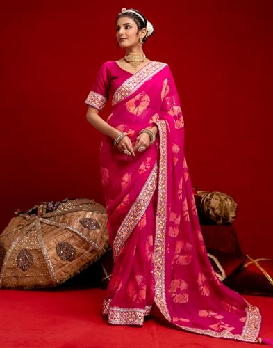 Image of SIRIL Women's Georgette Bandhani Printed Embroidery Lace Saree With Unstitched Blouse Piece