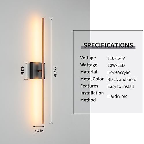 Image of KUZZULL Modern Light Fixture Set of Two 27.8x4.3x3.4in Black and Brass Gold Sconces 1200Lm LED Wall Lights for Bathroom, Living Room, Corridor