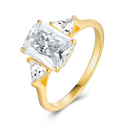 3ct Moissanite Rings for Women, 3 Stone Square Radiant Cut D Color VVS1 18K Gold Plated 925 Sterling Silver, Cut Lab Created Diamond Wedding Promise Fashion Jewelry