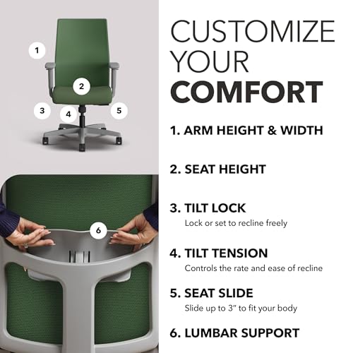 Image of HON Ignition 2.0 Mid Back Task Chair, Spectrum Mesh, Standard Synchro-Tilt Control, Office Chair with Lumbar Support, Height and Width Adjustable Arms, Titanium Frame, Leaf