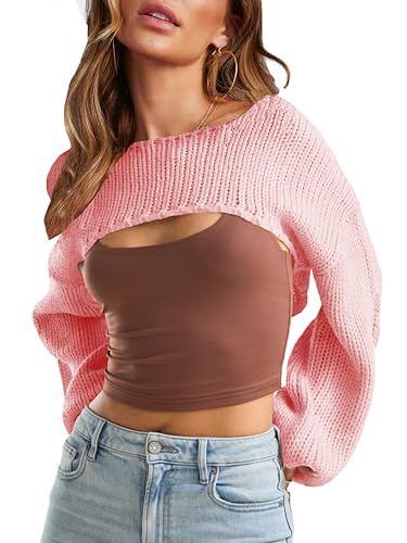 YUNLORIA Womens Crochet Crop Tops Shrug Sweater 2026 Y2K Bolero Shoulder Knit Loose Trendy Cropped Sweaters Pink