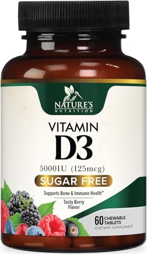 Vitamin D3 5000 IU (125 mcg) Per Serving - Extra Strength Vitamin D Chewable for Immune Support Health - Bone Teeth and Muscle Supplements - Sugar Free Gluten Free USA Bottled - 60 Count Tablets