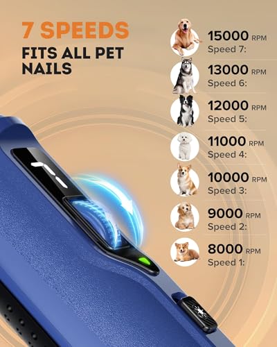 YABIFE 7-Speed Dog Nail Grinder with LED Light – Ultra Quiet Electric Pet Nail Trimmer for Large Dogs & Cats – Professional Grooming Tool with Dust Collector, One-Hand Speed Control - Image 3