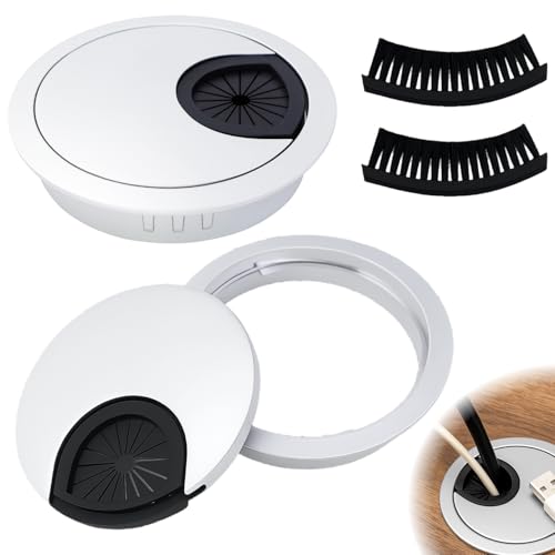 2X pasacables, Organizador de Cables y guía de Cables 60mm metálico – para Escritorio, Mesa y Superficie de Trabajo con Cepillo y Goma – para Muebles, Oficina, Ordenador, Cargadores y Accesorios