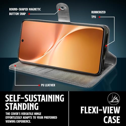 Image of WOW IMAGINE Shock Proof Flip Cover Back Case for Vivo V60 5G | V60e 5G | Vivo T4 Pro 5G (Magnetic Button Flip Case | Wallet Pockets & Stand | Leather Finish | Stone Grey)