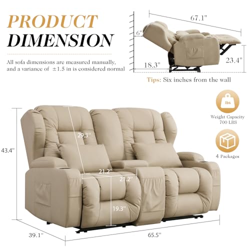 Image of Loveseat Recliner Sofa with Console,RV Wall Hugger Recliners for Small Spaces,Reclining Loveseat Sofa Recliner with Cup Holders /Lumbar Pillows,RV Furniture (Beige, 66 inch 2-Seater)