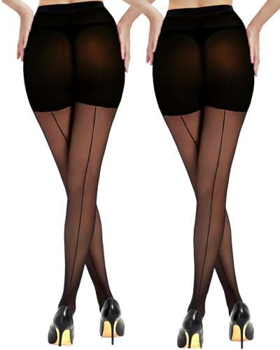 Citystl 2 Pairs Back Seam Pantyhose for Women 20D Sheer Tights With Line Down Back with Reinforced Toes