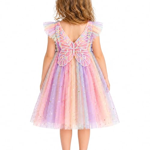 TootyTots Feenkleid Mädchen Prinzessinnenkleid mit 3D-Schmetterlingsflügel Regenbogen-Tüllkleid Baby Kleinkind Tutu Blumenmädchen Festkleid für Geburtstag Hochzeit Karneval Kostüm