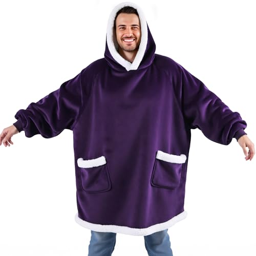Bedsure Blanket Hoodie, Wearable Blanket for Adults & Kids as Gifts for Women Men, Birthday Gifts for Women Mom Girl Sherpa Oversized Hoodie, Ultra Violet, Oversize