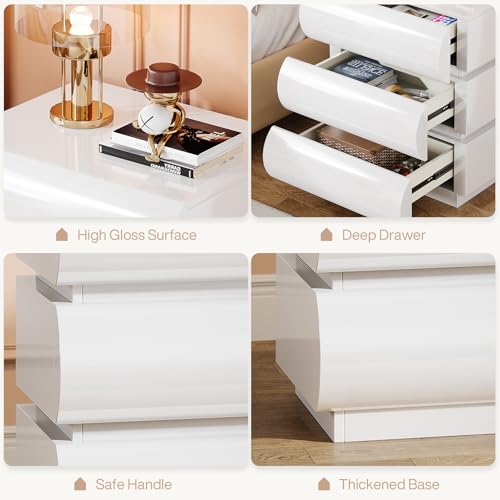 Tribesigns JW0848 White Nightstand Set Of 2, 3-Drawer High Gloss Bedside Table With Storage, Modern Wood Night Stand For Bedroom thumb #7