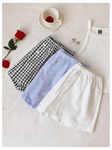 Image of MakeMeChic Women's 3 Pack Linen Shorts Gingham Striped Beach Shorts | Summer, Plaid, Cover Up Shorts