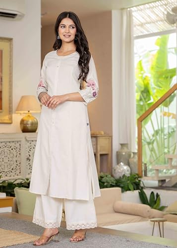 Image of Pistaa's Women Cotton Elegant Off-White Floral Embroidered Sleeves Kurta Palazzo Set