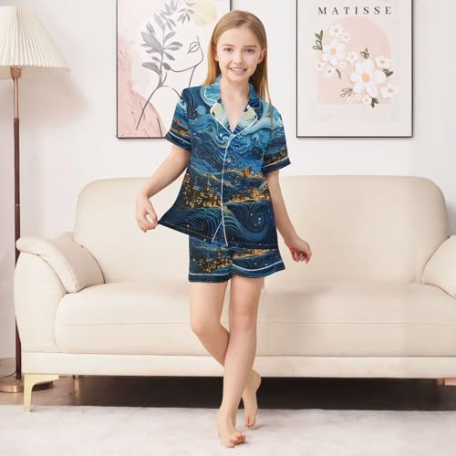 ALAZA Van Gogh Cityscape Satin Pajamas Set Short Sleeve Button Down Sleepwear Summer Pjs 2 Piece3
