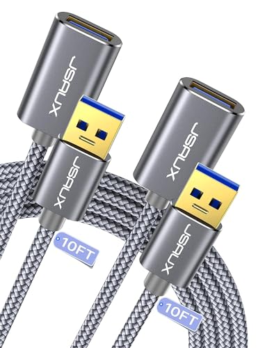 JSAUX 3M USB 3.0 Extension Cable [2 Pack] Type A Male to Female USB Extender Cord Nylon Braided Compatible with Webcam Camera Phone USB hub Mouse Keyboard Printer Hard Drive Xbox-Grey
