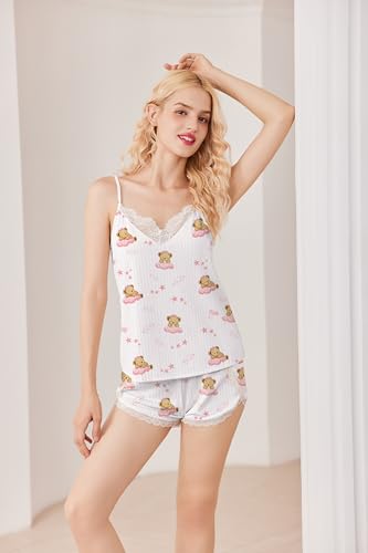 Image of Ekouaer Womens Pajama Sets Soft Lingerie Sleepwear 2 Piece Cami Shorts Set V Neck Pj Lace Nightwear