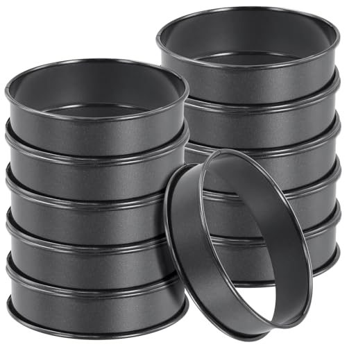 JEUIHAU 10 Pack 10 cm Black Crumpet Rings, Stainless Steel Non Stick English Muffin Rings, Double Rolled Tart Baking Ring for Eggs, Pancake, Beef Patty Making