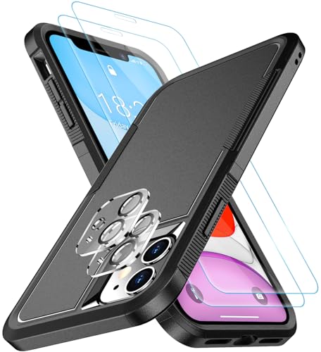 SPIDERCASE Shockproof for iPhone 11 Case,[10 FT Military Grade Drop Protection],with 2 pcs[Tempered Glass Screen Protector+Camera Lens Protector] Heavy Duty Full-Body Protective Phone Case, Black