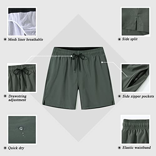 SILKWORLD Mens Swim Trunks Quick Dry Beach Shorts with Zipper Pockets,MQ18_Zip_Grass Green,Small