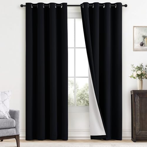 Yakamok 100% Blackout Curtains Black Room Darkening Thermal Insulated Window Curtain with 2 Thick Layers-Set of 2 Panels Grommet Top Drapes for Bedroom Living Room 52 Inches by 96 Inches Length