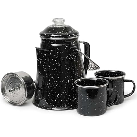 Toughty Classic Enamel Coffee Percolator with 2 Cups — The Original Camping Coffee Maker — Essential for the Campsite Brewmaster – Camping Coffee Percolator - Black Cover