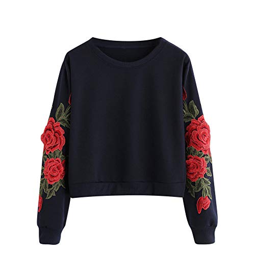 Sudaderas Adolescentes Chica,riou Mujer Sudaderas Casual Estampada Bordados Rosa Tops Suéter de Manga Larga Cuello Redondo Abrigo Hoodie Jersey