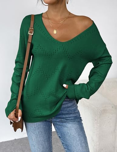 Image of Zeagoo Womens Sweaters Fall Trendy Casual Long Sleeve Shirt Lightweight V Neck Off Shoulder Crochet Pullover Top Outfit