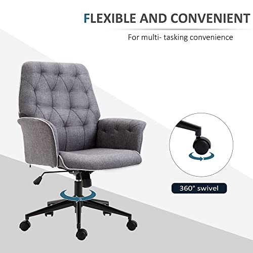Vinsetto Modern Mid-Back Tufted Linen Home Office Desk Chair With Adjustable Height, Swivel Adjustable Task Chair With Padded Armrests, Dark Grey #TOP6