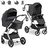 Hauck Kombi Kinderwagen Vision X mit Premium Babywanne und Sportwagen Sitz mit Liegefunktion - 2in1 Kombikinderwagen bis 22kg, klein zusammenklappbar, mit Zubehör (Melange Black mit Gestell Silber)