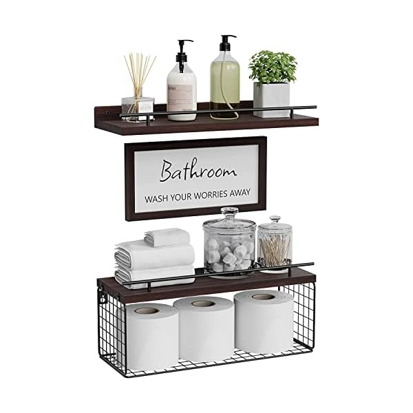 WOPITUES Bathroom Décor Sets, Floating Shelves with Bathroom Wall Décor Sign, Wood Bathroom Shelves Over Toilet with Basket Set of 3, Floating Shelf for Bathroom Wall Décor with Guardrail–Rustic Brown