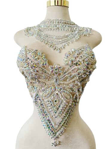 wtbv.n Handmade Rhinestones Applique sew on lace Crystal Sequins Trim Patches Accessories for Dress Clothing Neckline and Chest Decorative Material 2PCS/Set (Clear AB)
