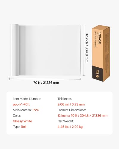 Image of VEVOR Heat Transfer Vinyl, 12 in x 70 ft, Glossy White HTV Iron on Vinyl Roll, Easy to Cut and Weed, Strong Adhesion, Compatible with Cutting Machines, for Various Materials, T-Shirts, Pillows, Hats