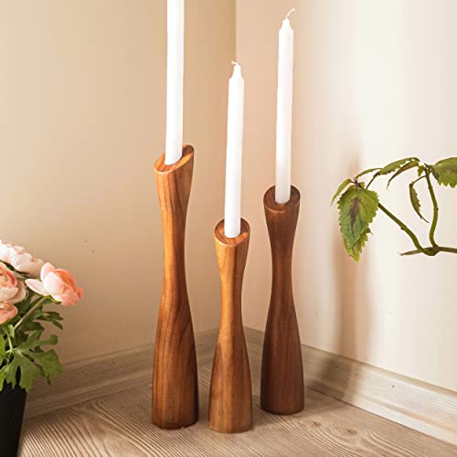 Oleek Wood Candle Holders Pillar (14",12",10") - Wood Pillar Candle Holders Set Of 3 (Fits 7/8" Candles) Large Tall Floor Wooden Candle Holder For Mantle, Living Room, Kitchen & Farmhouse Table Decor #TOP1