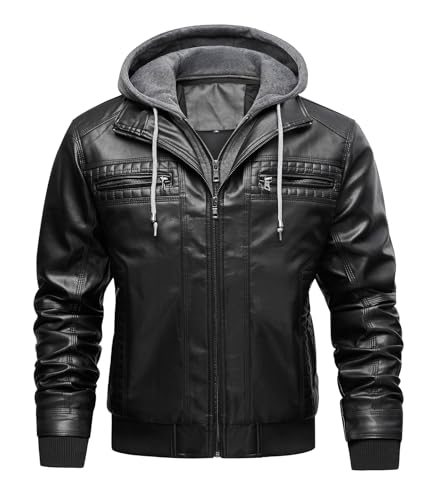 INVACHI Men’s PU Faux Leather Aviator Bomber Jacket Windproof Vintage Motorcycle Jacket with Removable Hood & Pockets2