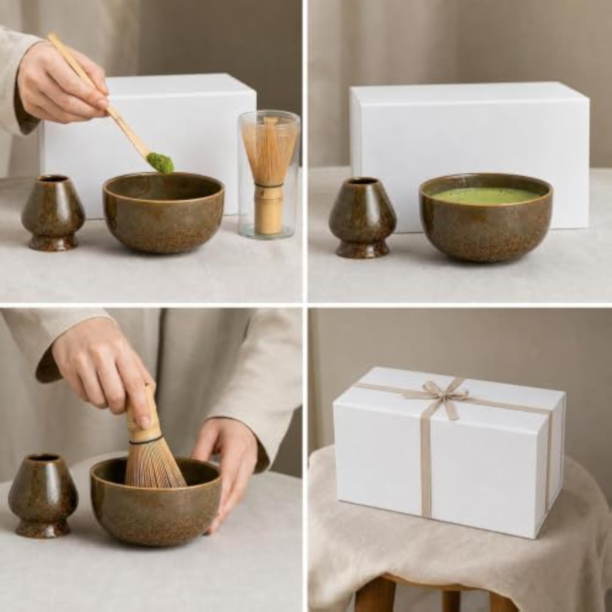 Handmade Retro Ceramic Matcha Bowl Set with Whisk Stand