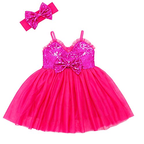 Cilucu Baby Girl Sequin Tutu Dress Flower Girl Dress Kids Wedding Princess Dress Child Birthday Party Gown Sparkle Spaghetti Strap Dress Christmas Halloween Hot Pink 6-12 Months