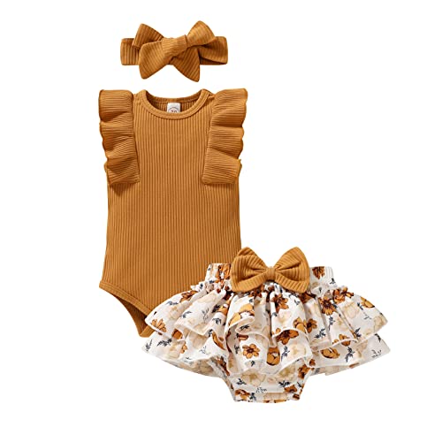 Image of Tiny Cutey Baby Girl Clothes Infant Summer Outfits Set Ruffle Sleeve Romper and Floral Shorts with Headband